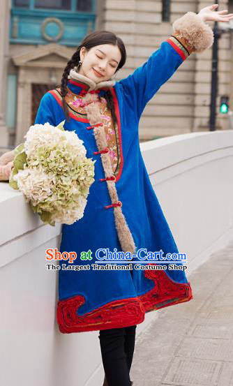 Chinese Traditional National Winter Costume Tang Suit Blue Greatcoat Embroidered Outer Garment