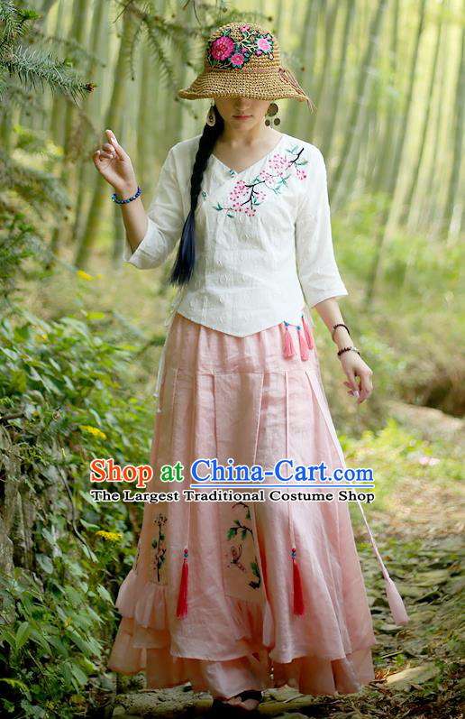 Chinese Embroidered Pink Flax Bust Skirt Traditional National Skirt Li Ziqi Costume