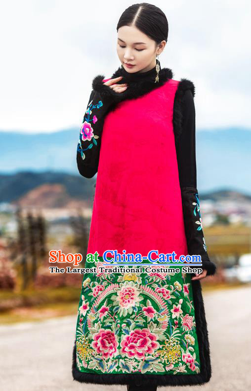 Chinese Embroidered Cotton Wadded Red Qipao Dress Traditional National Winter Cheongsam Costume