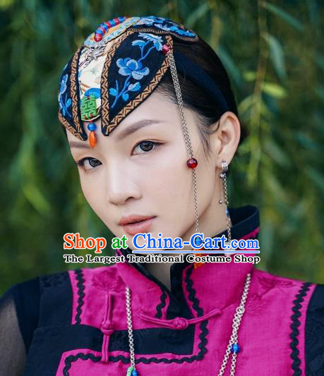 China Handmade National Folk Dance Tassel Headwear Traditional Ethnic Wedding Embroidered Hair Clasp