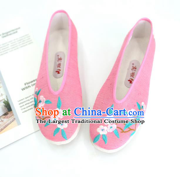 China Handmade National Shoes Embroidered Plum Pink Cloth Shoes Traditional Folk Dance Shoes