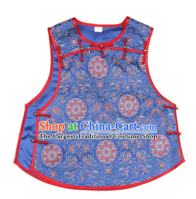 Chinese Traditional Top Garment National Woman Vest Costume Tang Suit Blue Brocade Waistcoat