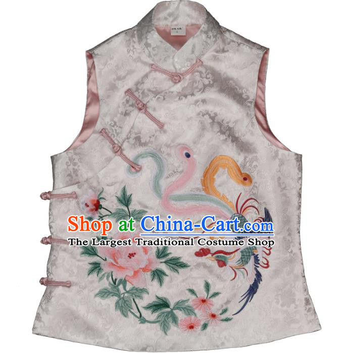 Chinese National Woman Vest Costume Tang Suit Embroidered Phoenix Peony Waistcoat Traditional White Brocade Top Garment