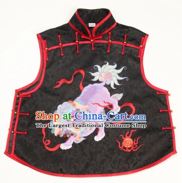 Chinese Traditional Embroidered Lion Waistcoat National Black Brocade Vest Tang Suit Upper Outer Garment