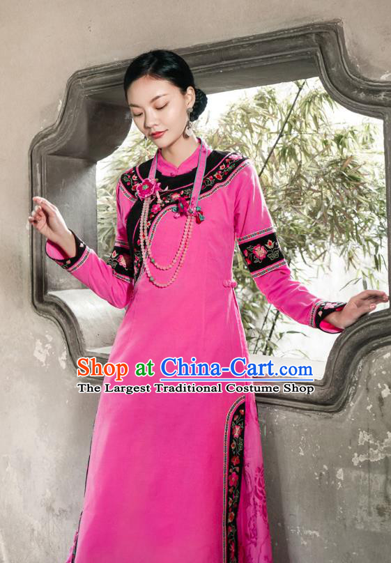 Chinese Traditional Stand Collar Ao Dai Qipao Dress Costume National Young Lady Embroidered Rosy Cheongsam