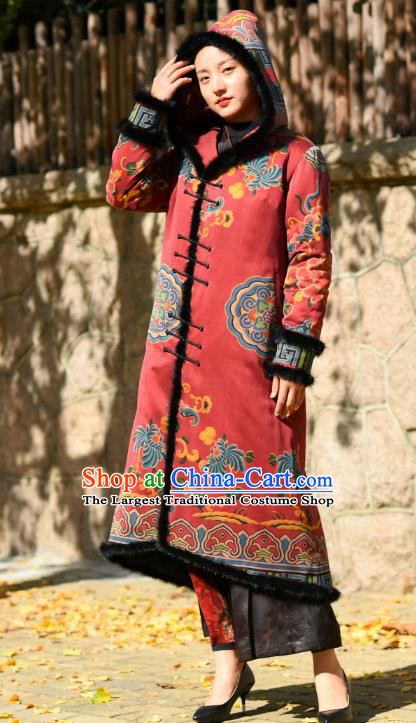 China Traditional Red Cotton Wadded Coat National Woman Outer Garment Clothing Tang Suit Greatcoat