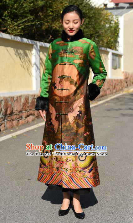 China National Woman Outer Garment Clothing Tang Suit Printing Green Silk Greatcoat Traditional Cotton Wadded Coat