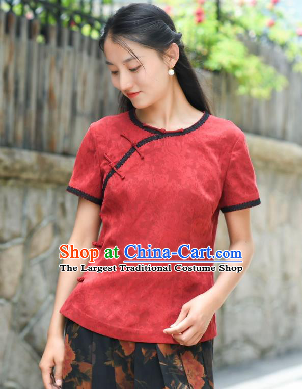 Chinese Traditional Red Silk Shirt Clothing Tang Suit Blouse National Woman Upper Outer Garment