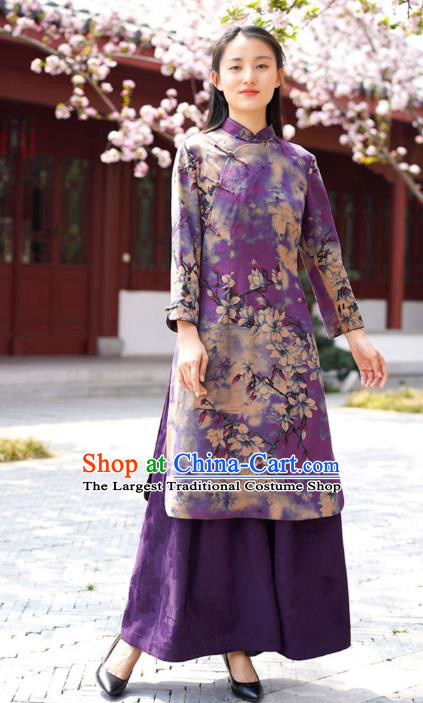 Chinese Traditional Printing Mangnolia Qipao Dress Costume National Young Lady Purple Silk Cheongsam