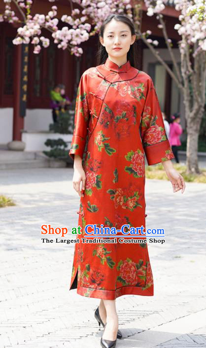 Chinese Traditional Red Silk Qipao Dress Costume National Young Lady Printing Peony Cheongsam