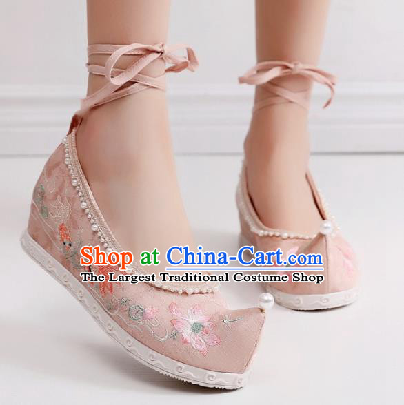 China Handmade Hanfu Pink Cloth Shoes National Embroidered Lotus Bow Shoes Traditional Ming Dynasty Princess Shoes