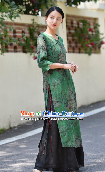 Chinese Traditional Green Silk Qipao Dress Costume National Young Lady Printing Pear Blossom Aodai Cheongsam