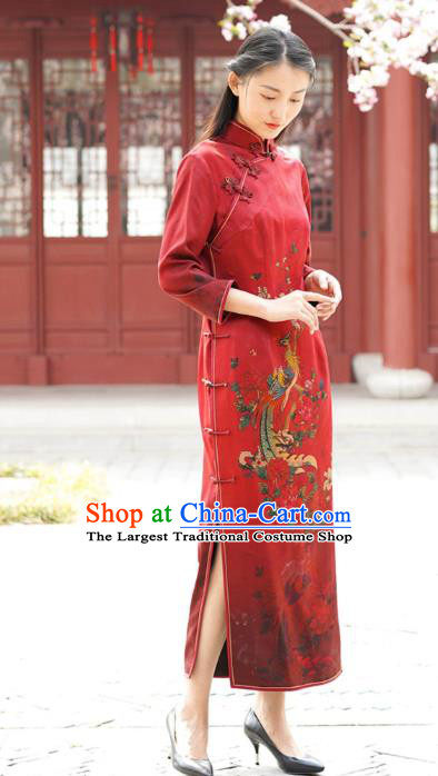 Chinese Traditional Printing Phoenix Peony Qipao Dress Costume National Young Lady Red Silk Cheongsam