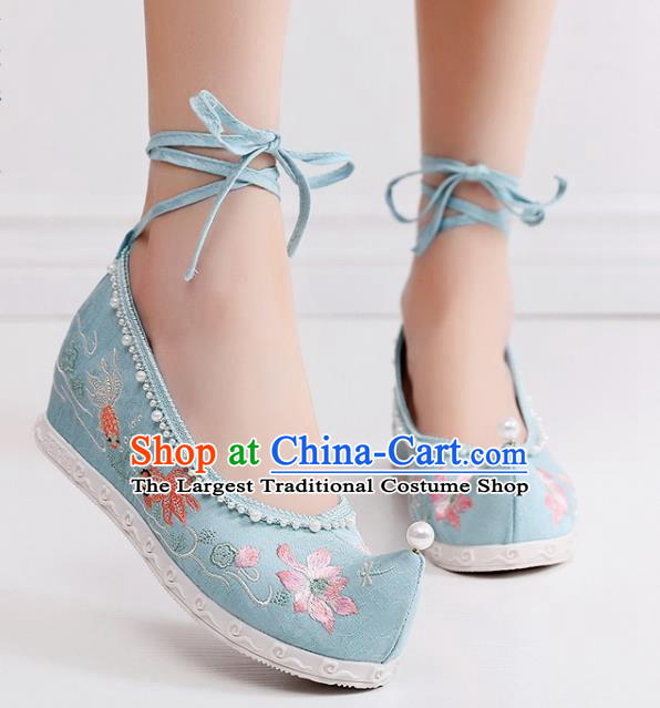 China National Embroidered Lotus Shoes Traditional Ming Dynasty Princess Shoes Handmade Hanfu Blue Cloth Bow Shoes