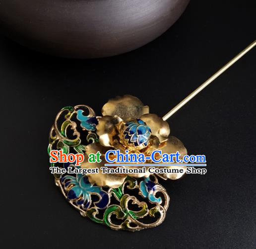 China Ancient Imperial Concubine Golden Peony Hairpin Traditional Qing Dynasty Court Cloisonne Hair Stick