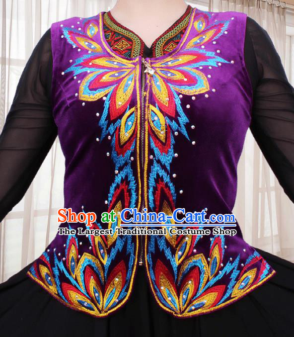 China Xinjiang Ethnic Woman Purple Velvet Vest Traditional Uygur Nationality Folk Dance Waistcoat Clothing