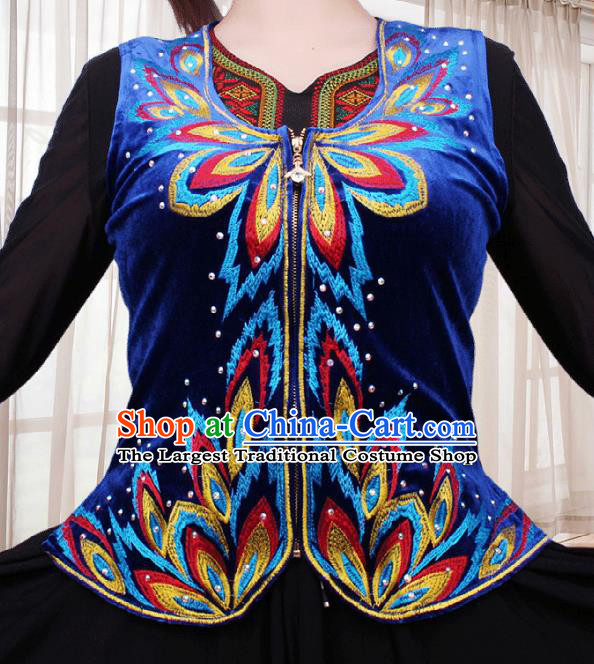 China Traditional Uygur Nationality Woman Waistcoat Clothing Xinjiang Ethnic Stage Performance Royalblue Velvet Vest