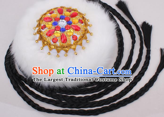 Chinese Traditional Uygur Nationality Performance White Fur Hat Xinjiang Ethnic Woman Folk Dance Braid Headwear