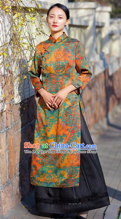 Chinese Traditional Dragon Pattern Silk Qipao Dress Costume National Young Lady Stage Show Cheongsam