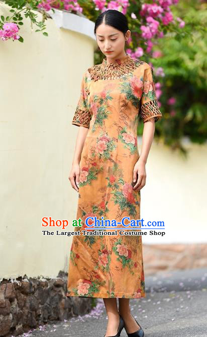 Chinese Traditional Minguo Young Lady Qipao Dress Costume National Printing Peony Yellow Silk Cheongsam