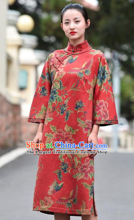 Chinese Traditional Minguo Wedding Red Silk Qipao Dress Costume National Printing Peony Butterfly Cheongsam