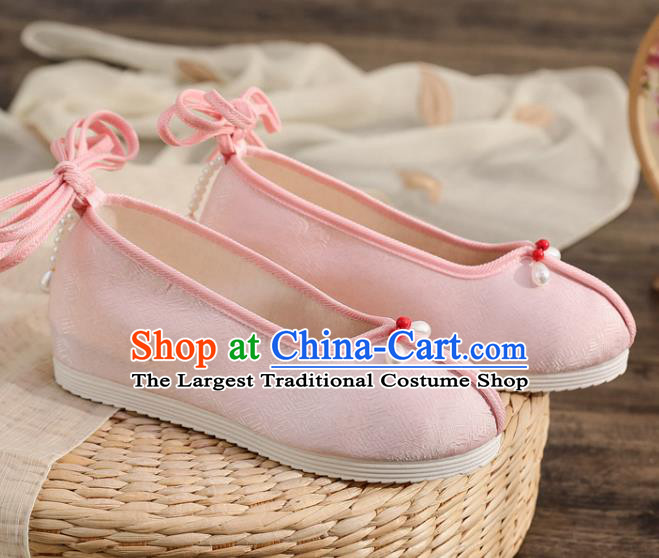 China Traditional Tang Suit Shoes Handmade Hanfu Dance Shoes National Pink Brocade Shoes