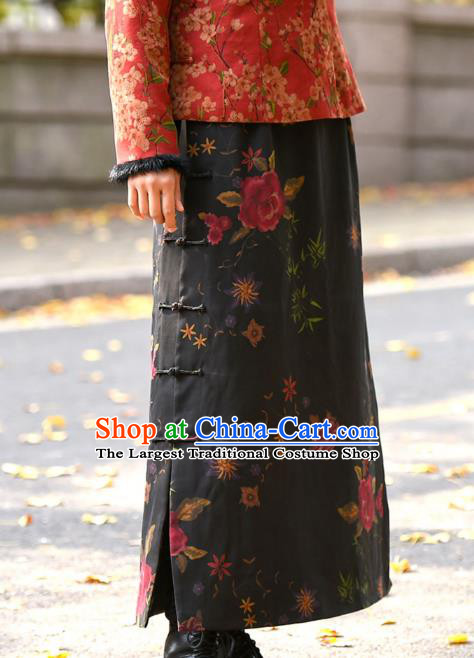 China National Woman Printing Rose Skirt Traditional Tang Suit Black Silk Bust Skirt Costume