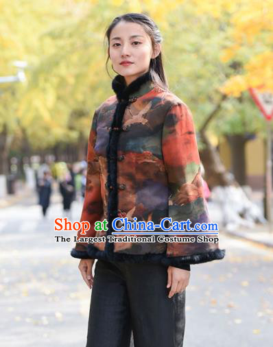 China Tang Suit Printing Overcoat Traditional Cotton Wadded Jacket National Woman Outer Garment Clothing