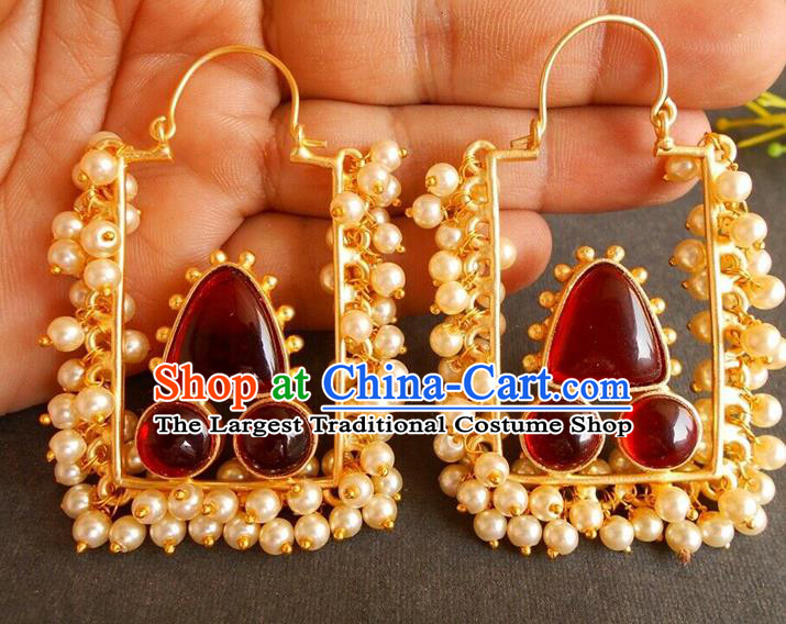 Asian Indian Bollywood Performance Pearls Earrings India Folk Dance Garnet Ear Accessories