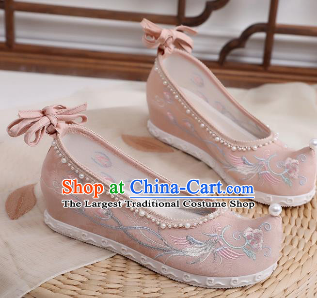 China Embroidered Phoenix Peony Shoes Handmade National Pink Cloth Shoes Traditional Pearls Hanfu Shoes