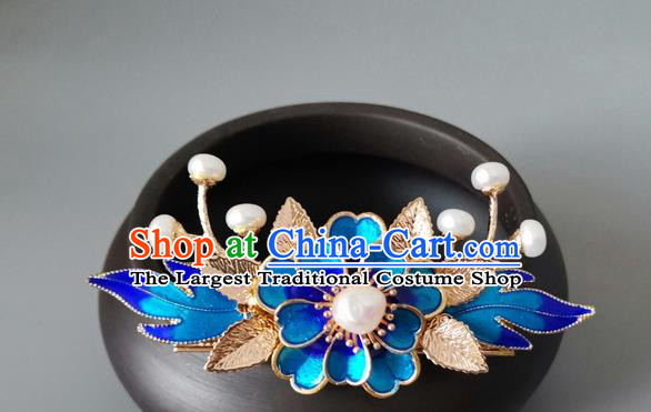 China Ancient Princess Hairpin Traditional Ming Dynasty Blue Peony Hair Crown