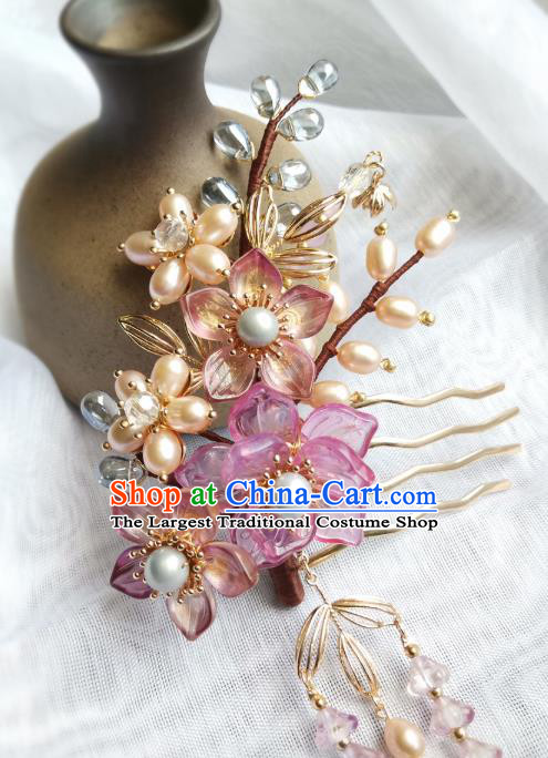 China Ancient Princess Pearls Hairpin Traditional Song Dynasty Purple Sakura Hair Comb