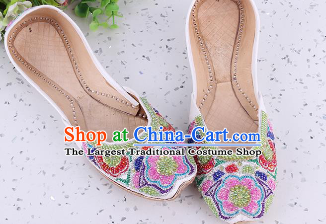 Asian Traditional Wedding White Leather Shoes Indian Folk Dance Shoes Handmade Embroidery Beads Shoes