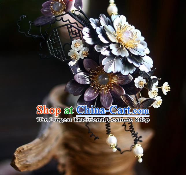 Chinese Ancient Princess Shell Peony Hairpin Traditional Ming Dynasty Court Butterfly Flowers Hair Stick