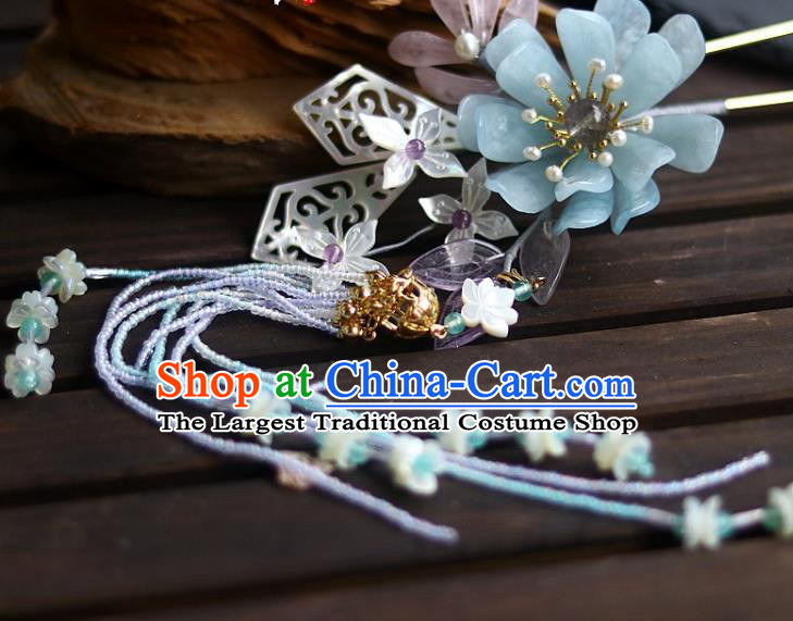 Chinese Ancient Noble Woman Aquamarine Lotus Hairpin Traditional Song Dynasty Court Beads Tassel Hair Stick