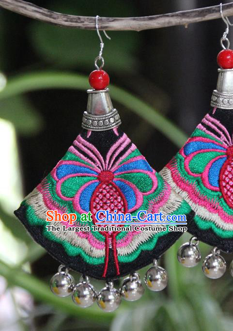 Chinese National Silver Bells Ear Accessories Yannan Ethnic Woman Earrings Handmade Embroidered Butterfly Ear Jewelry