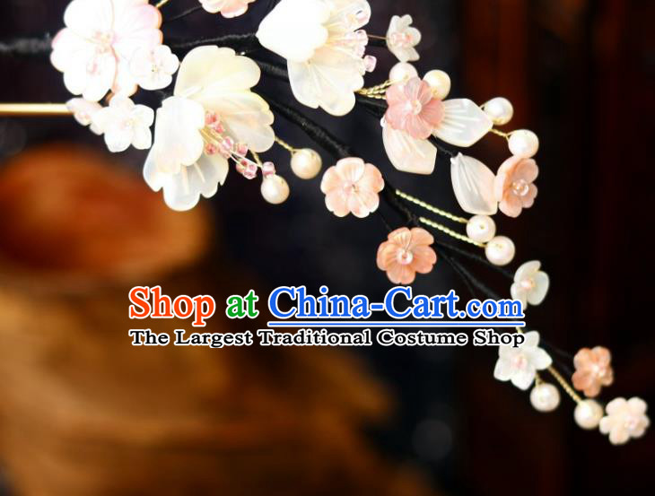 Chinese Ancient Princess White Shell Flowers Hairpin Traditional Song Dynasty Court Lady Pearls Hair Stick