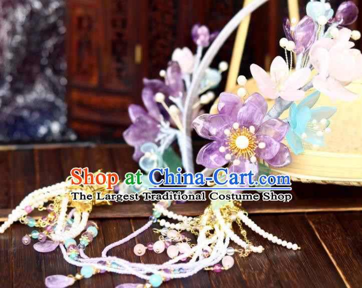 Chinese Ancient Princess Beads Tassel Hair Clasp Traditional Song Dynasty Court Amethyst Lotus Hair Crown