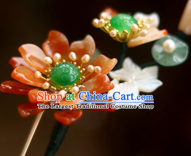 Chinese Ancient Queen Shell Goldfish Hairpin Traditional Song Dynasty Empress Red Lotus Hair Stick