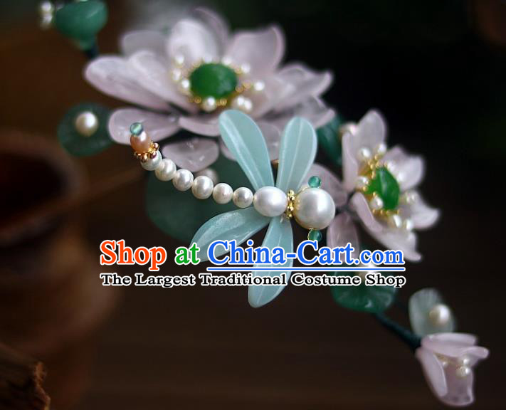 Chinese Ancient Princess Rose Quartz Lotus Hairpin Traditional Song Dynasty Pearls Dragonfly Hair Stick