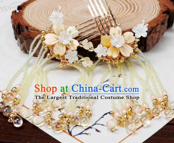 Chinese Ancient Palace Lady Shell Sakura Hairpin Traditional Ming Dynasty Yellow Beads Tassel Hair Combs