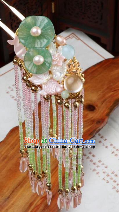 Chinese Ancient Princess Fish Lotus Leaf Hairpin Traditional Song Dynasty Beads Tassel Hair Clip