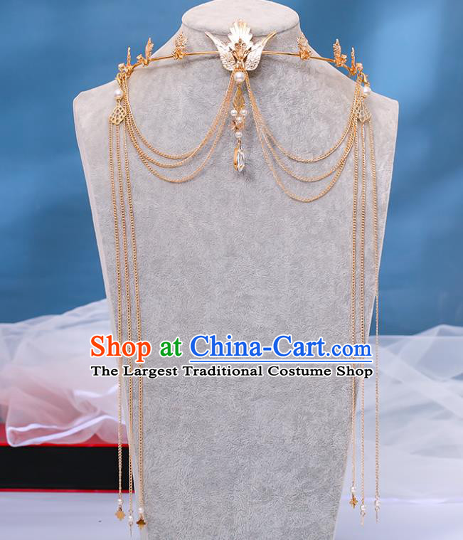 Chinese Ancient Empress Golden Phoenix Hair Crown Traditional Ming Dynasty Wedding Tassel Hair Clasp