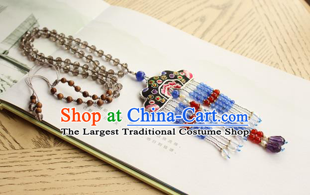 China Handmade Embroidered Necklet Traditional Cheongsam Blue Beads Tassel Necklace Accessories