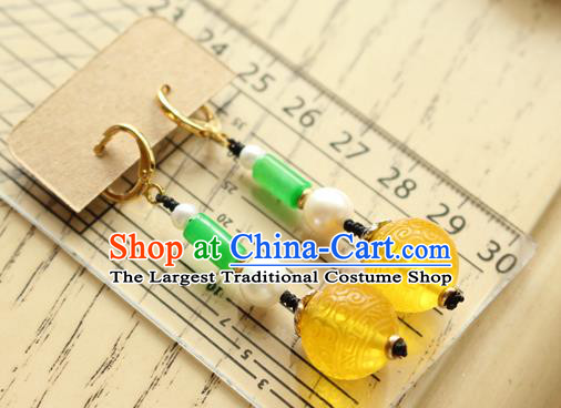 China Classical Cheongsam Beeswax Carving Ear Jewelry Handmade National Jade Pearl Earrings