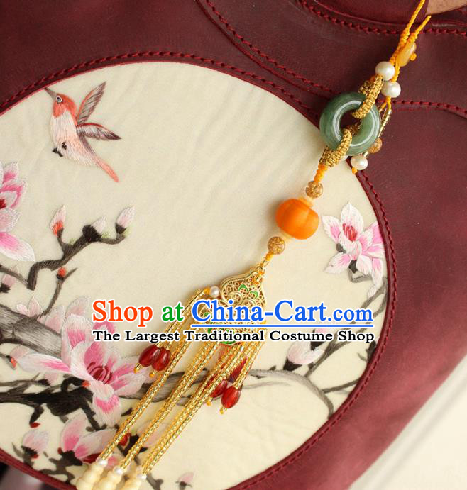 Chinese National Golden Gourd Tassel Pendant Classical Qipao Dress Jade Peace Buckle Brooch