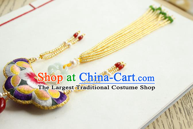 Chinese National Beads Tassel Jade Pendant Classical Qipao Dress Embroidered Sachet Brooch