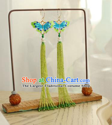 China Classical Cheongsam Green Beads Tassel Ear Jewelry Handmade National Blueing Butterfly Earrings