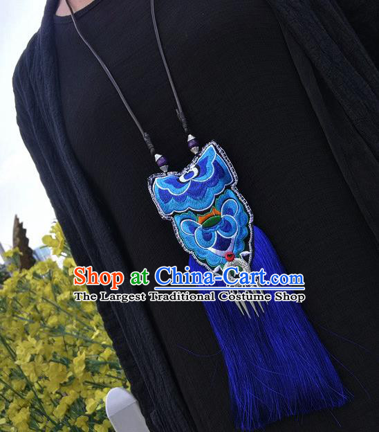 China Handmade Ethnic Embroidered Necklet Accessories Traditional Miao Minority Royalblue Tassel Necklace