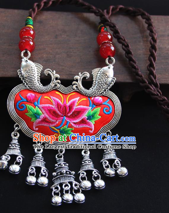 China Handmade Ethnic Silver Bells Necklet Accessories Traditional Miao Minority Embroidered Red Necklace